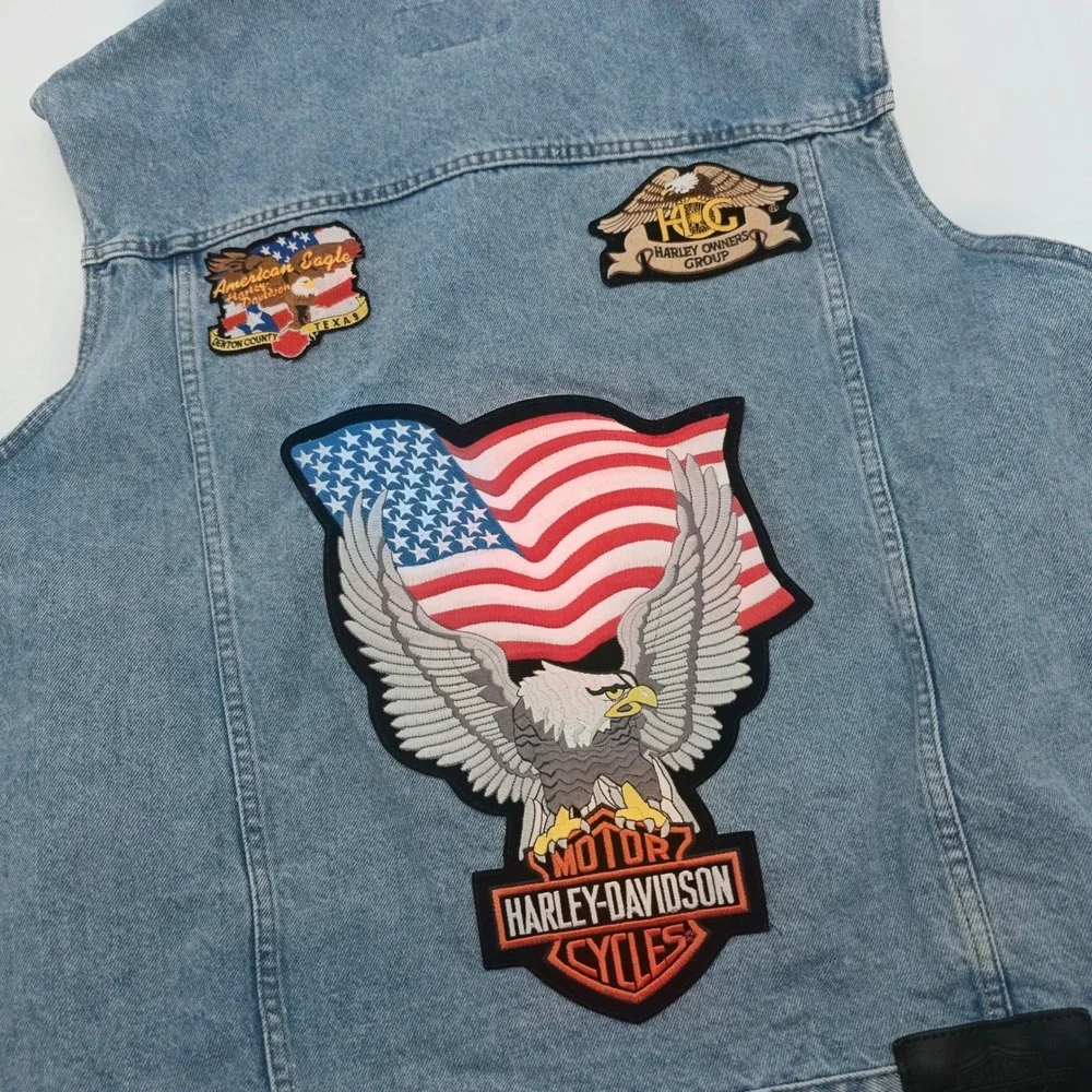 Harley-Davidson Mens Denim Vest Light Wash HOG Eagle Patches XL 98291-02VM
